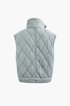 MICAS Outerwear|Outerwear-Stand Collar Drawstring Pocket Quilted Puffer Vest LIGHT GRAY