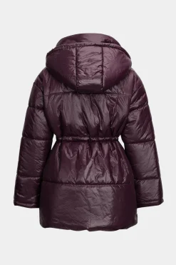 MICAS Outerwear|Outerwear-Stand Collar Zipper Hooded Puffer BURGUNDY