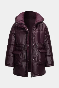MICAS Outerwear|Outerwear-Stand Collar Zipper Hooded Puffer BURGUNDY