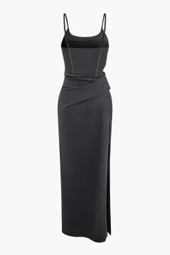 MICAS Maxi Dresses-Stitching Cut Out Slip Slit Maxi Dress BLACK