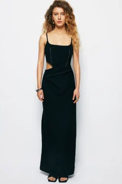 MICAS Maxi Dresses-Stitching Cut Out Slip Slit Maxi Dress BLACK