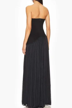 MICAS Maxi Dresses-Strapless Patchwork Zipper Pleated Maxi Dress BLACK