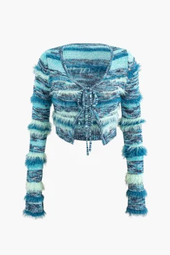 MICAS Outerwear|Outerwear-Stripe Feather Detail Tie Front Long Sleeve Knit Cardigan BLUE