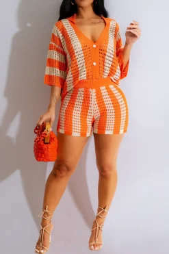 MICAS Knitwear|Vacation Sets-Stripe Knit Hollow Out Shorts Set
