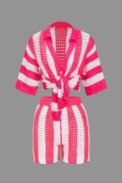 MICAS Knitwear|Vacation Sets-Stripe Knit Hollow Out Shorts Set