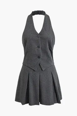 MICAS Mini Dresses-Stripe Print Backless Pleated Mini Dress DIM GRAY