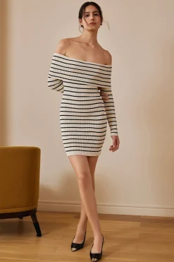 MICAS Long Sleeve Dresses|Knit Dresses-Stripe Print Knit Wrap Off Shoulder Dress Contrast Color