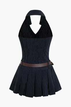 MICAS Mini Dresses-Stripe Print Pleated Belted Mini Dress ROYAL