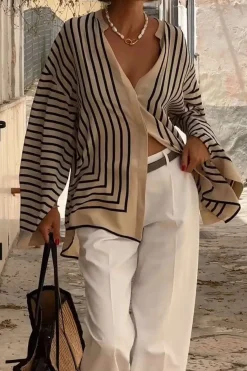 MICAS Long Sleeve Tops|Long Sleeves Tops-Stripe Print Satin Long-Sleeve Shirt WHITE