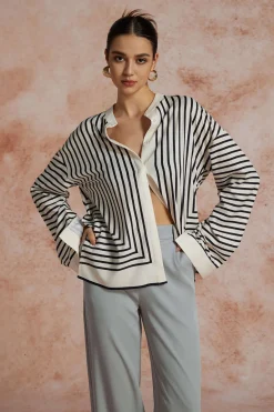 MICAS Long Sleeve Tops|Long Sleeves Tops-Stripe Print Satin Long-Sleeve Shirt WHITE