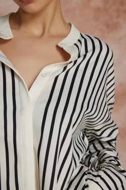 MICAS Long Sleeve Tops|Long Sleeves Tops-Stripe Print Satin Long-Sleeve Shirt WHITE