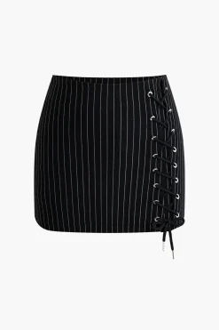 MICAS Skirts-Stripe Print Tie Front Mini Skirt BLACK