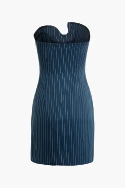 MICAS Mini Dresses-Stripe Print V-Shaped Slit Asymmetrical Strapless Mini Dress ROYAL