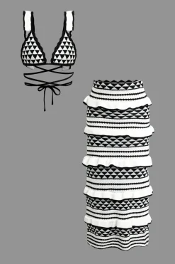 MICAS Knitwear|Knit Sets-Stripe Tie Bra Top And Tiered Ruffle Knit Midi Skirt Set Contrast Color