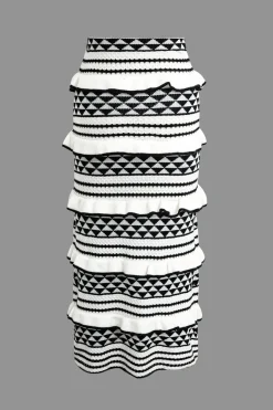 MICAS Knitwear|Knit Sets-Stripe Tie Bra Top And Tiered Ruffle Knit Midi Skirt Set Contrast Color