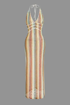 MICAS Maxi Dresses-Striped Crochet Halter V-neck Backless Slip Maxi Dress MULTICOLOR