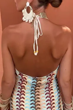 MICAS Maxi Dresses-Striped Crochet Halter V-neck Backless Slip Maxi Dress MULTICOLOR