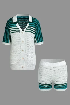 MICAS Knit Sets-Striped Crochet Knit Cardigan and Shorts Set