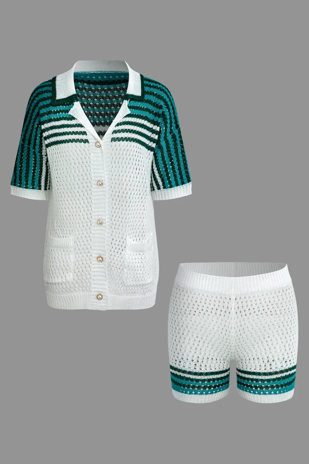 MICAS Knit Sets-Striped Crochet Knit Cardigan and Shorts Set