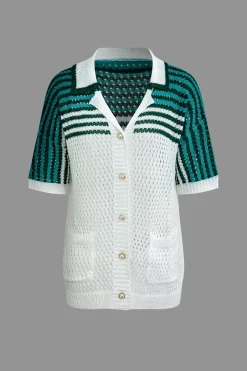 MICAS Knit Sets-Striped Crochet Knit Cardigan and Shorts Set