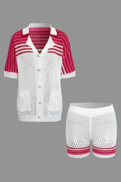 MICAS Knit Sets-Striped Crochet Knit Cardigan and Shorts Set
