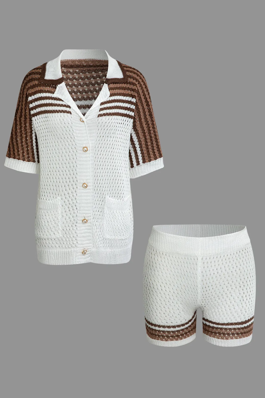 MICAS Knit Sets-Striped Crochet Knit Cardigan and Shorts Set
