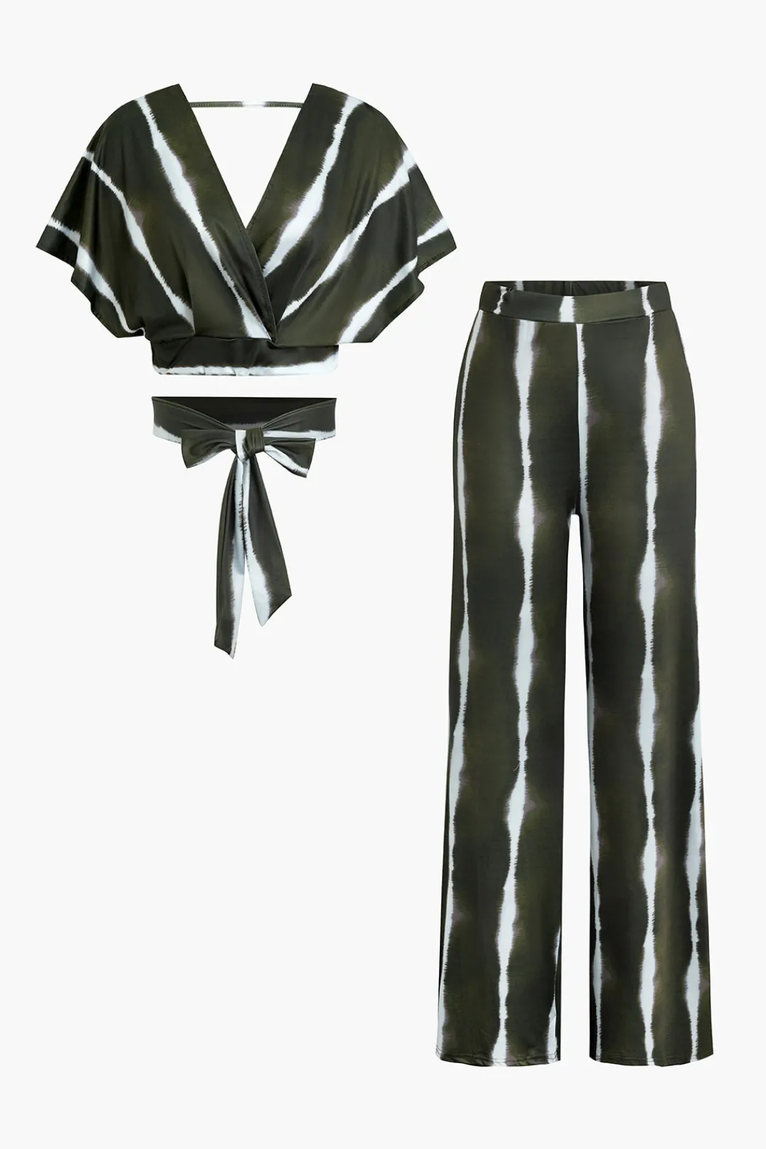 MICAS Pant Sets-Striped V-neck Crop Top And Wide Leg Pants Set Contrast Color
