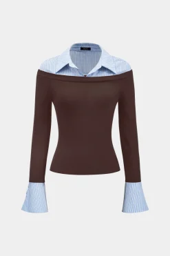 MICAS Long Sleeve Tops|Long Sleeves Tops-Stripes Print Patchwork Long-Sleeve Top