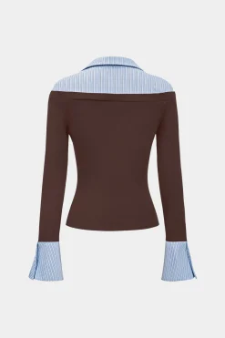 MICAS Long Sleeve Tops|Long Sleeves Tops-Stripes Print Patchwork Long-Sleeve Top