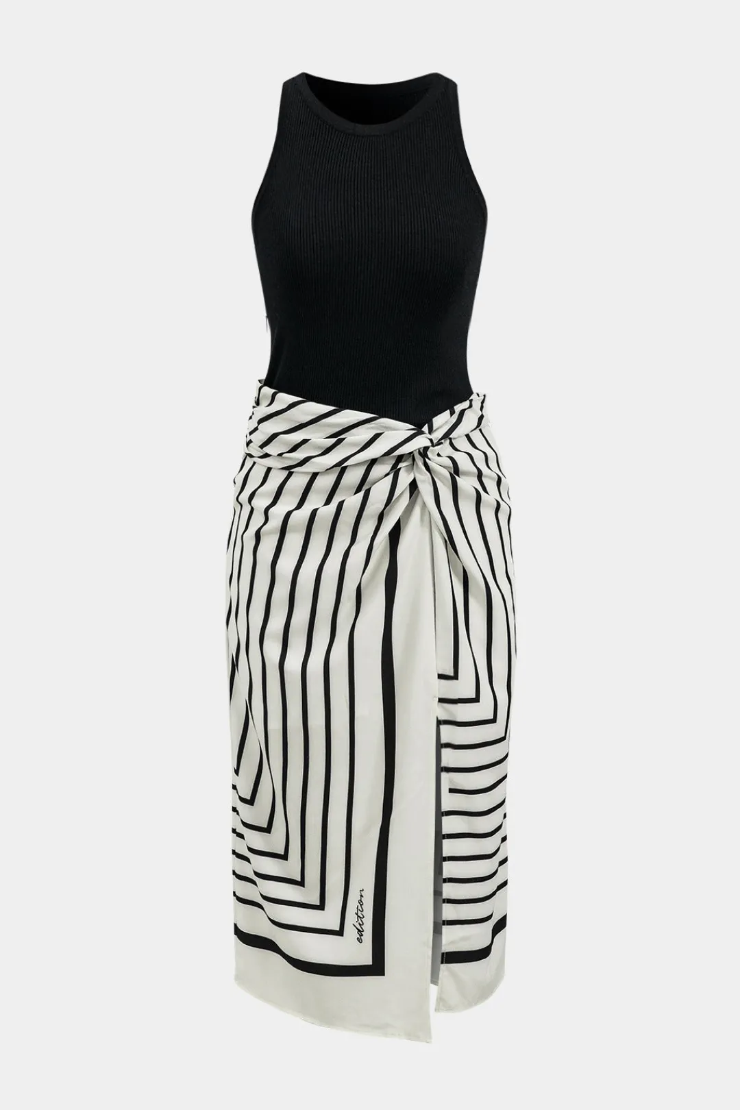 MICAS Midi Dresses-Stripes Print Patchwork Sleeveless Midi Dress Contrast Color