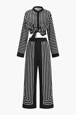 MICAS Pant Sets-Stripes Print Shirt And Trousers Set BLACK