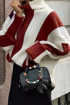 MICAS Knitwear|Knit Tops-Stripes Turtleneck Sweater Long-Sleeve Top BURGUNDY