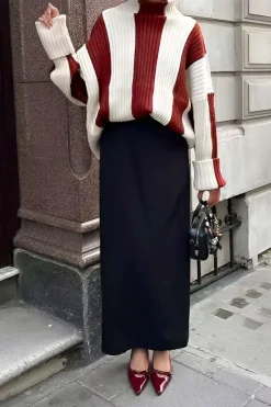 MICAS Knitwear|Knit Tops-Stripes Turtleneck Sweater Long-Sleeve Top BURGUNDY