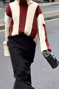 MICAS Knitwear|Knit Tops-Stripes Turtleneck Sweater Long-Sleeve Top BURGUNDY