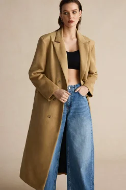 MICAS Outerwear|Outerwear-Suede Double-Breasted Coat TAN