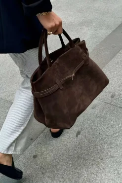 MICAS Bags|Accessories-Suede Tote Bag With Buckle Detail BROWN