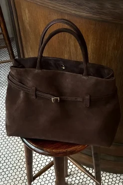 MICAS Bags|Accessories-Suede Tote Bag With Buckle Detail BROWN