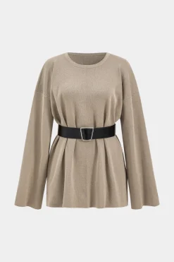 MICAS Knit Sets-Sweater Belted Top And Pants Set KHAKI