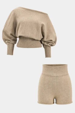 MICAS Knitwear|Knit Sets-Sweater Boat Neck Gigot Sleeve Top And Shorts Set TAN