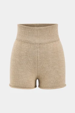 MICAS Knitwear|Knit Sets-Sweater Boat Neck Gigot Sleeve Top And Shorts Set TAN