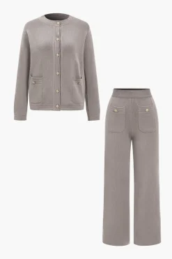 MICAS Knitwear|Knit Sets-Sweater Button Pocket Round Neck Long-Sleeve Cardigan And Trousers Set MOCHA