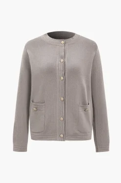 MICAS Knitwear|Knit Sets-Sweater Button Pocket Round Neck Long-Sleeve Cardigan And Trousers Set MOCHA