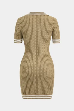 MICAS Knitwear|Knit Dresses-Sweater Button Pocket Short Sleeve Dress TAN