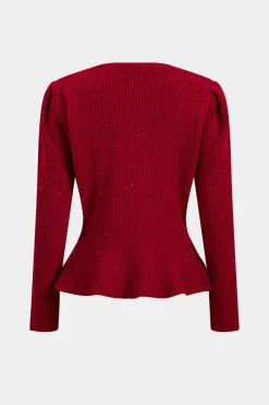 MICAS Knit Tops-Sweater Button V-Neck Long-Sleeve Top RED