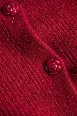 MICAS Knit Tops-Sweater Button V-Neck Long-Sleeve Top RED