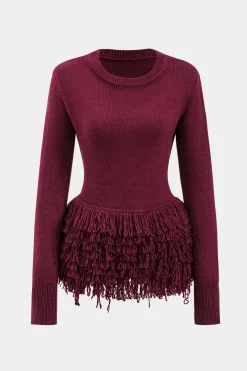 MICAS Knitwear|Knit Tops-Sweater Fringe Round Neck Long-Sleeve Top BURGUNDY