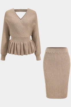 MICAS Knit Sets-Sweater Knit Ruffle Top And Skirt Set KHAKI