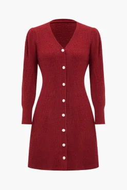 MICAS Long Sleeve Dresses|Knit Dresses-Sweater Long Sleeve Button V-Neck Dress RED