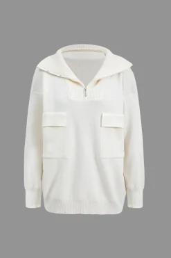 MICAS Knitwear|Knit Sets-Sweater Pocket Zipper Top And Slit Skirt Set WHITE