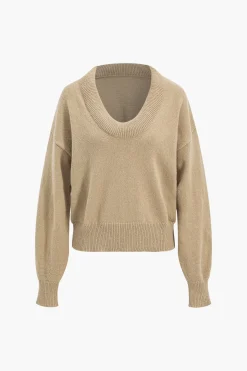 MICAS Knitwear|Knit Tops-Sweater V-Neck Long-Sleeve Top WHEAT